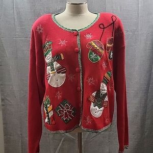 Nutcracker VTG ugly Christmas sweater NWT Snowman Women's Cardigan Red SZ L
